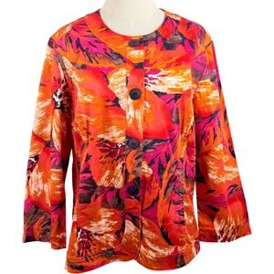 Chicos L Button Jacket Colorful Watercolor Floral Art to Wear Eclectic Lagenlook